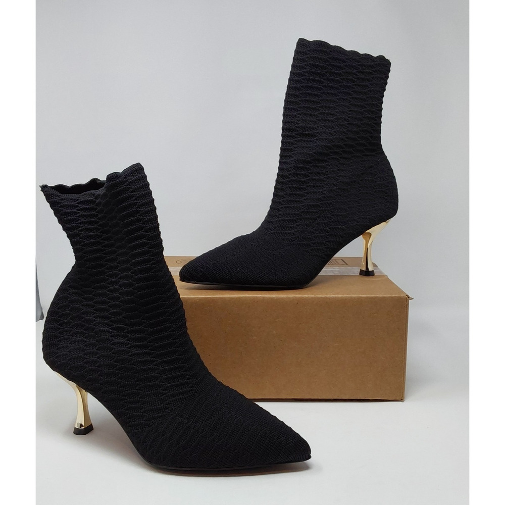 Women’s Stretch Knit Sock Ankle Boots Gold Stiletto Heel Pointed Toe Black